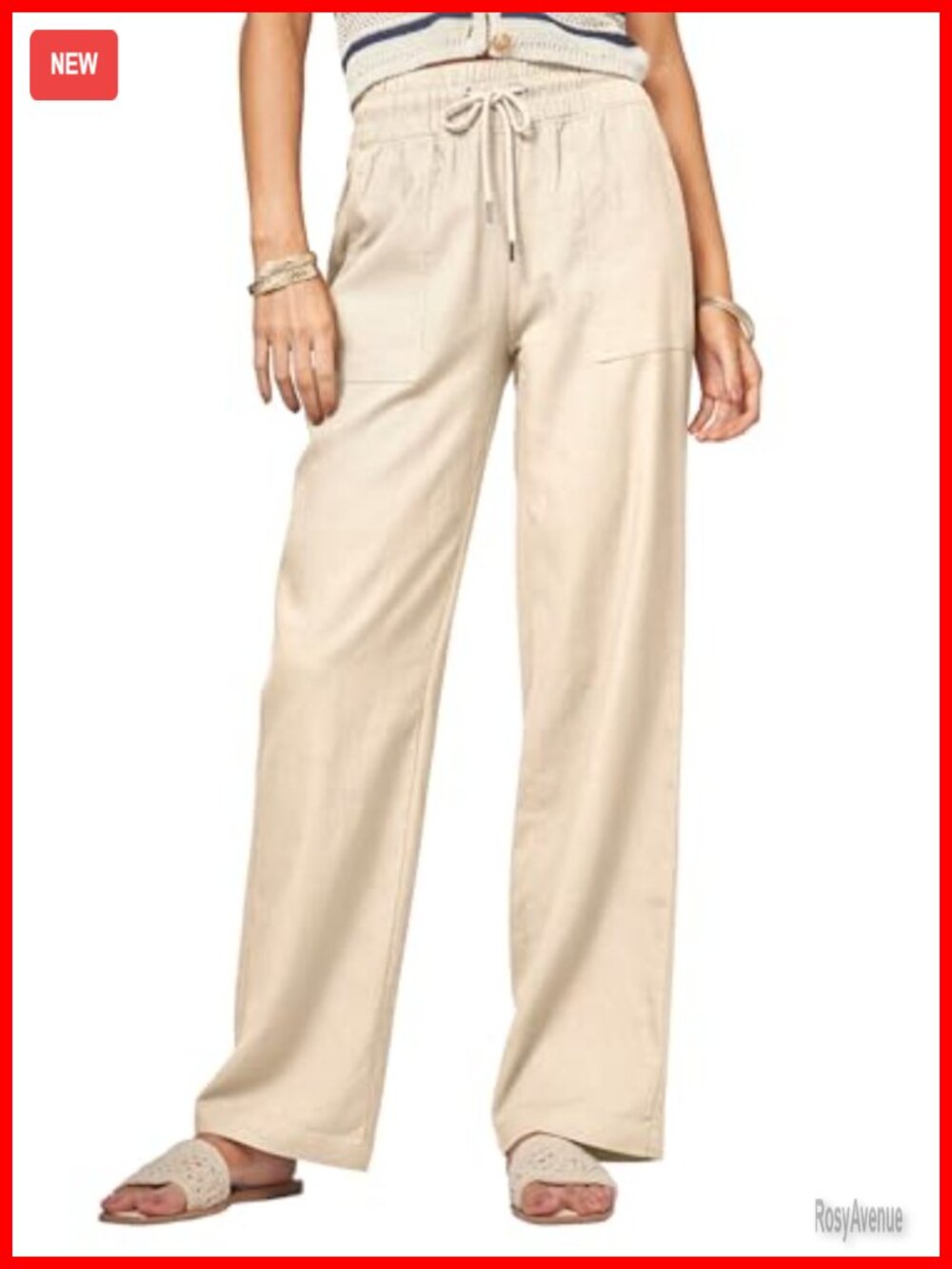 Linen Wide Leg Palazzo Pants with Pockets Elastic Waist Casual